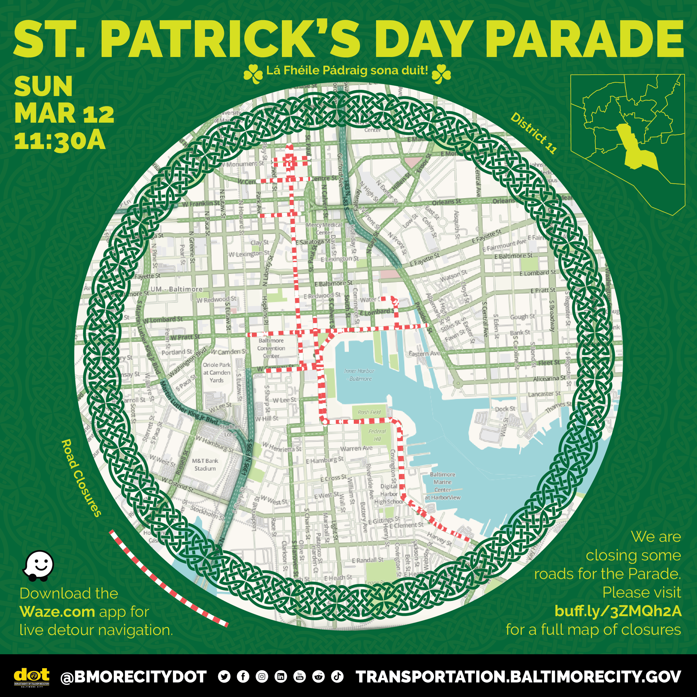 Map of road closures for the St. Patrick's Day Parade and 5K Run